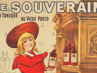 Vente aux enchères LE SOUVERAIN. Affiche anonyme, imprimerie Camis, 1900. Condition : A+ 
