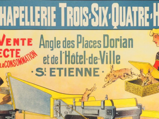 Vente aux enchères CHAPELLERIE TROIS SIX. Affiche anonyme, imprimerie Bonabaud   Bruyère 