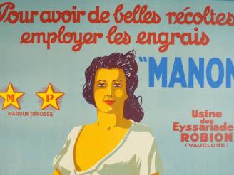 Vente aux enchères ENGRAIS MANON. Affiche par Viano, imprimerie Moullot, circa 1930. Cond