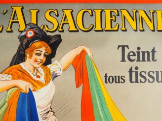 Vente aux enchères L’ALSACIENNE. Affiche par Dorfi, imprimerie Goossens (Belgique). Circa