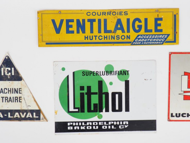 Lot de quatre en tôles lithographiés : Lithol superlubrifiant Alfa Lav