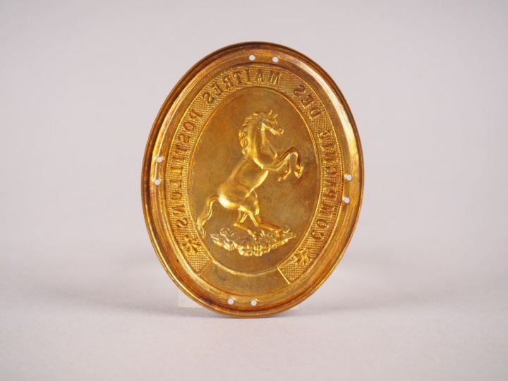 Belle plaque ovale en laiton embossé représentant un pur-sang cabré en