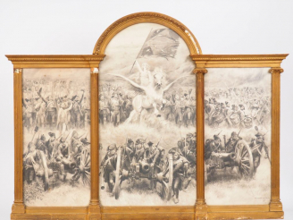 Vente aux enchères E. DETAILLE. Grande lithographie en noir « La Victoire », dans un cadr