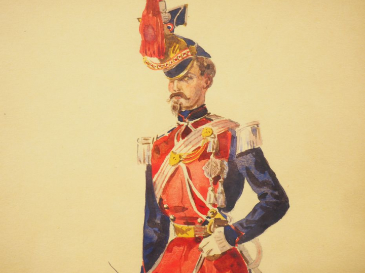 LALAISSE (attribué à) « Types militaires » Suite de neuf aquarelles or