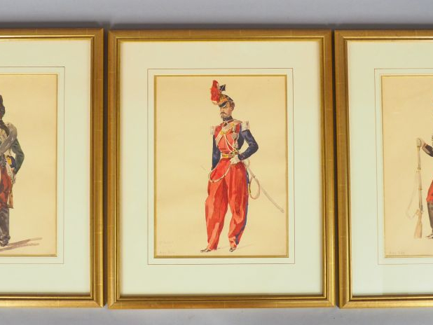 LALAISSE (attribué à) « Types militaires » Suite de neuf aquarelles or