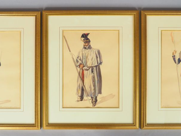 LALAISSE (attribué à) « Types militaires » Suite de neuf aquarelles or