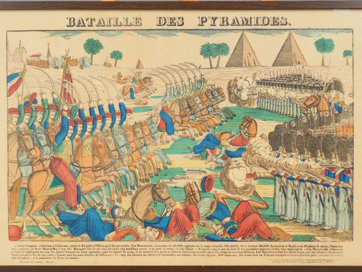 « Bataille des Pyramides » Gravure en couleurs. (pliure au centre)