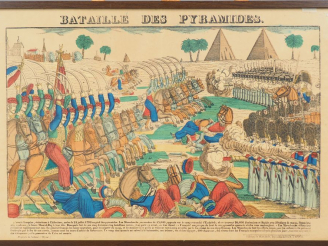 Vente aux enchères « Bataille des Pyramides » Gravure en couleurs. (pliure au centre)