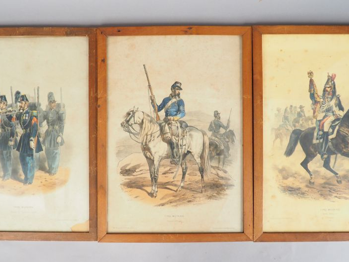 Six différentes lithographies en couleur « Types militaires » d’après 