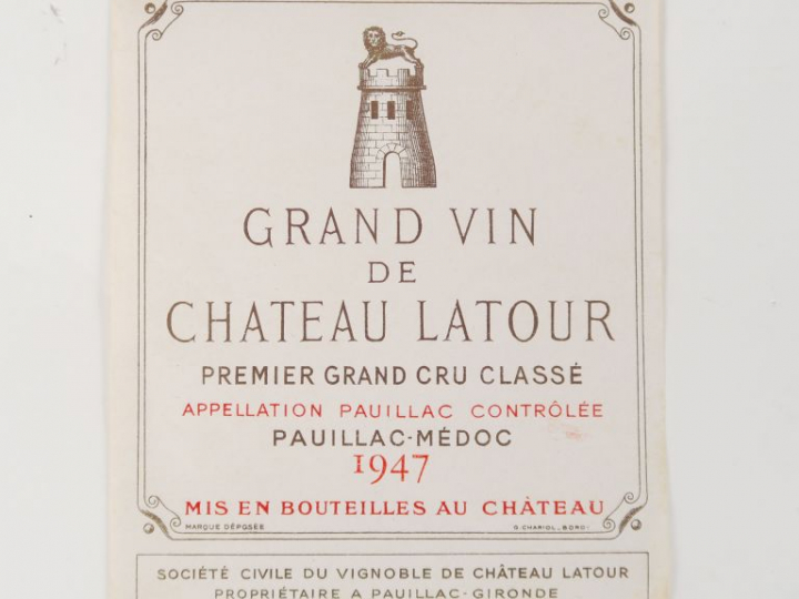 1 BOUTEILLE CHÂTEAU LATOUR 1er GCC PAUILLAC - 1947 - LB/EA/ETIQUETTE N
