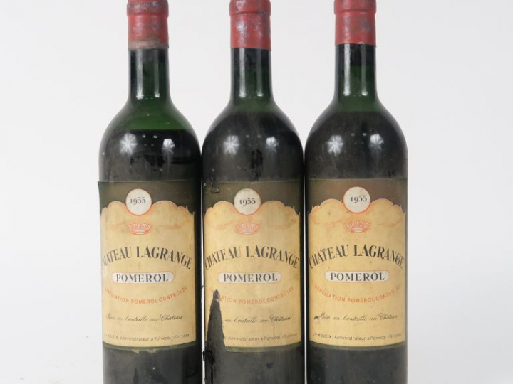 3 BOUTEILLES CHÂTEAU LAGRANGE POMEROL - 1955 - 2 HEP/1 MEP/1 ELA