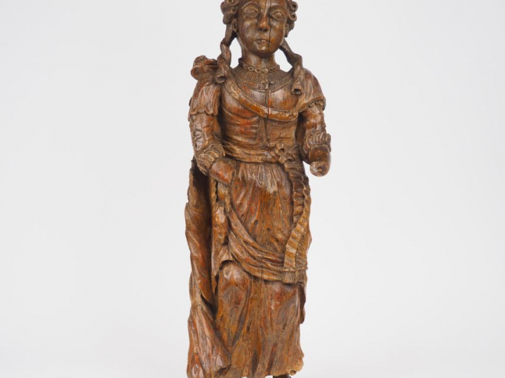 Sculpture XVIIème en chêne sculpté « Jeune femme » H. 73 cm  (manques 