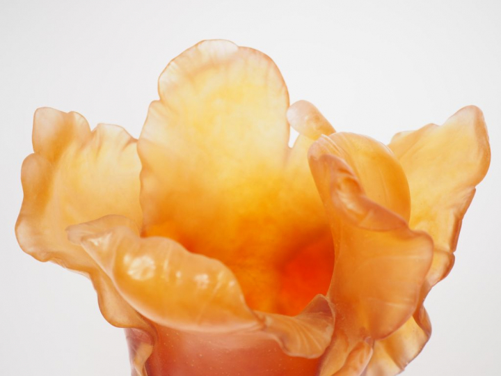 DAUM. Vase en pâte de verre orangée en forme de fleur. Signé  H. 34 cm