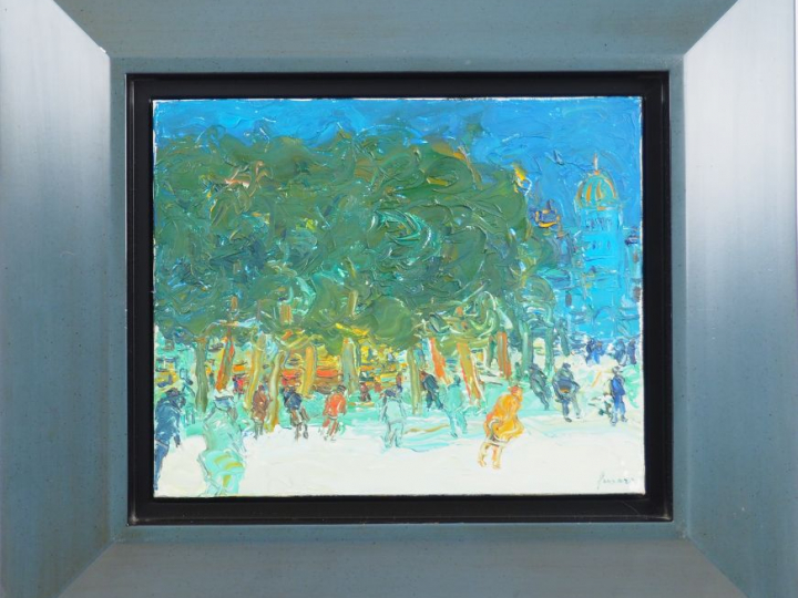 FUSARO. "Le jardin public" Huile sur toile, signée en bas à droite. Di