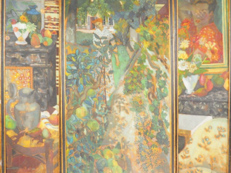 Vente aux enchères 	Jacqueline GILSON. Tryptique « Femme au jardin" et "natures mortes" H