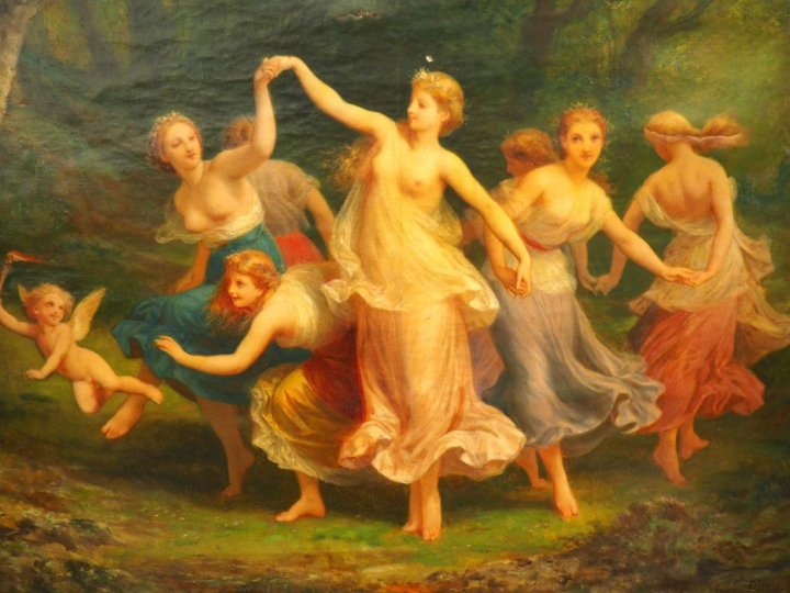 Henry PICOU.  "La ronde des muses" Huile sur toile, signée en bas à dr