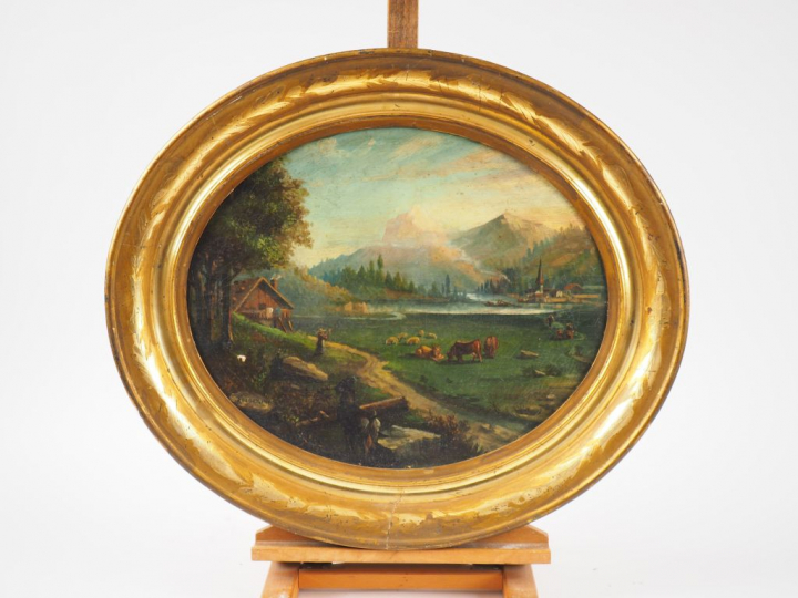 ROUGEMONT. "Paysage de montagne animé".  Huile sur toile signée en bas