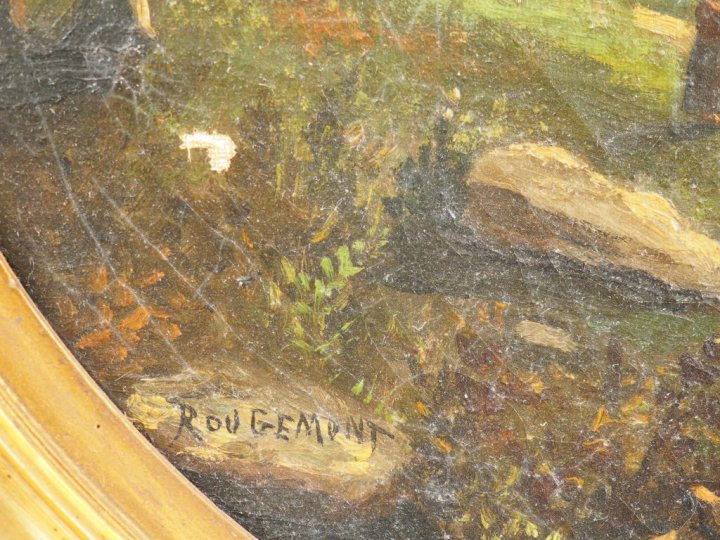 ROUGEMONT. "Paysage de montagne animé".  Huile sur toile signée en bas
