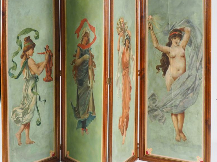 Paravent de style Art Nouveau à quatre brins à décor peint de jeunes f