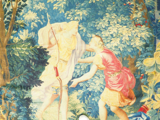 Vente aux enchères Fragment de tapisserie XVIIème "Allégorie de Diane chasseresse". Dim. 
