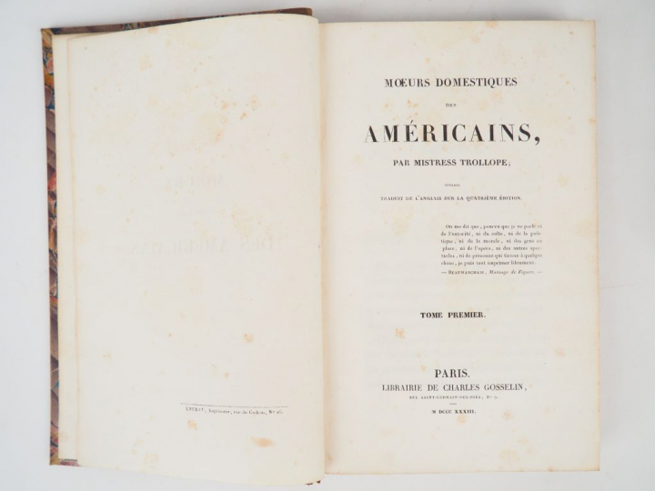 TROLLOPE (Mistress). Mœurs domestiques des Américains. Trad. de l'angl