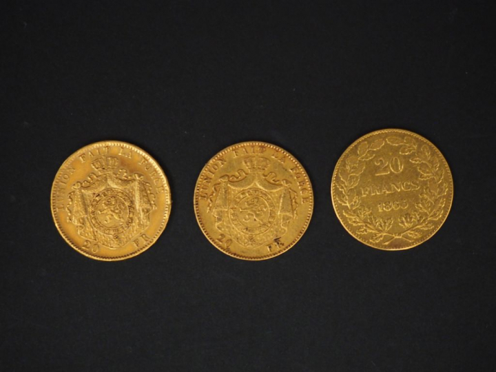 1 pièce de 20 francs or Léopold I (1865) 2 pièces de 20 francs or Léop
