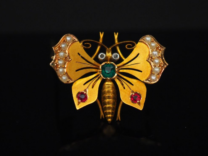 Broche 1900 en or en forme de papillon agrémentée de perles, de rubis 