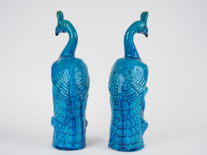 Paire de statuettes en biscuit émaillé  turquoise "oiseau fohang" Chin