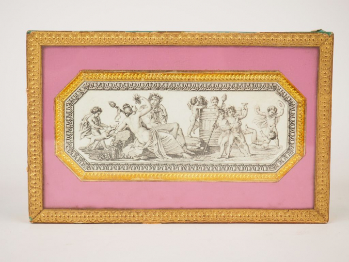 Boîte à bijoux Charles X en carton polychrome ornée d'une gravure repr