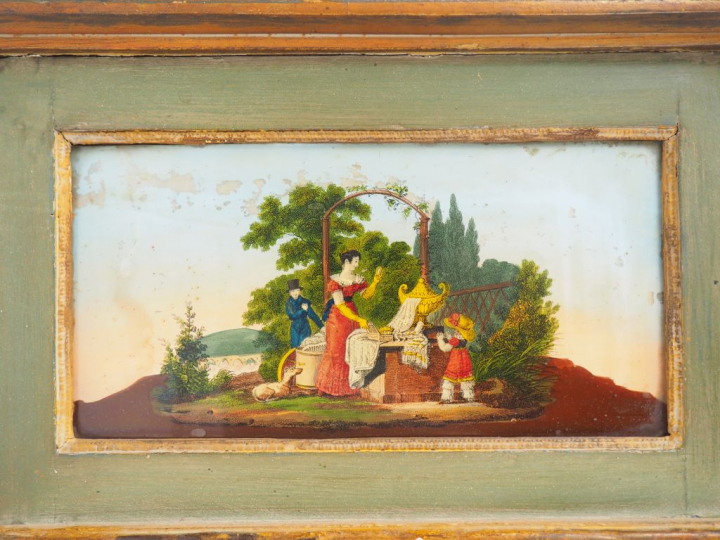 Petit trumeau Directoire en bois peint polychrome. Orné d'une peinture