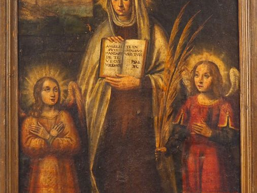 Ecole espagnole XVIIème. "Sainte entourée d'anges".  Huile sur toile. 