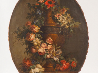 Vente aux enchères Ecole française XIXème. "Bouquet de fleur en médaillon". Huile sur toi