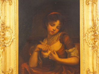 Vente aux enchères Ecole française début XIXème. "Jeune fille à l'oiseau". Huile sur toil