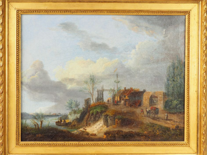Ecole française XIXème. "Entrée de village près de la rivière". Huile 