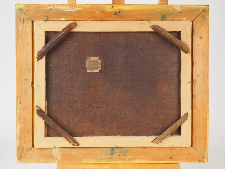 Ecole française XIXème. "Entrée de village près de la rivière". Huile 