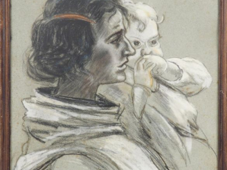 Vente aux enchères Ecole française début Xxème. "Jeune mère et son enfant". Dessin. Signé