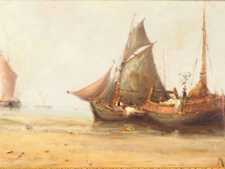 Vente aux enchères Ecole française XIXème. "Marine". Huile sur panneau. Signée en bas à d