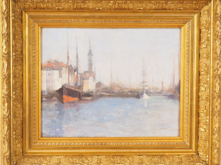 Ecole française début Xxème. "Bateaux dans le port". Huile sur isorel.