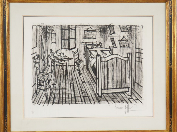 BERNARD BUFFET "La chalmbre de Van Gogh". Lithographie en noir. Numéro