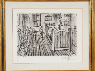 Vente aux enchères BERNARD BUFFET "La chalmbre de Van Gogh". Lithographie en noir. Numéro