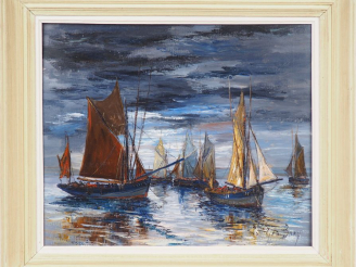 Vente aux enchères GEO BORY. "Thoniers à l'ancre" Huile sur toile. Signée en bas à droite
