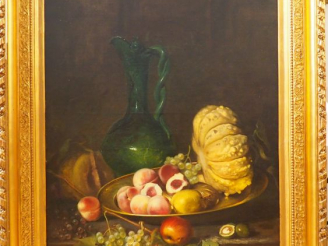 Vente aux enchères O. de COCQUEREL. "Nature morte à l'aiguière, et aux fruits". Huile sur