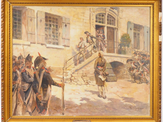 Vente aux enchères G. CONRAD. "Arrestation sous la révolution". Huile sur toile, signée e