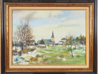 Vente aux enchères CRAMOYSAN. "Paysage d'hiver à Anceauneville, Normandie". Huile sur toi