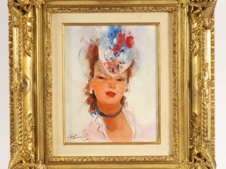 JEAN GABRIEL DOMERGUE. "L'ingénue". Huile sur panneau. Signée en bas à