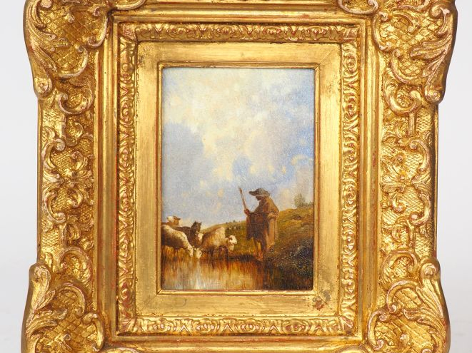 VICTOR DUPRE. "Berger et son troupeau" Huile sur panneau. Signée en ba