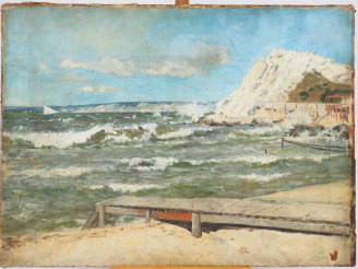 Vente aux enchères A. DURST. "Bord de mer". Huile sur toile signée en bas à droite. Dim :