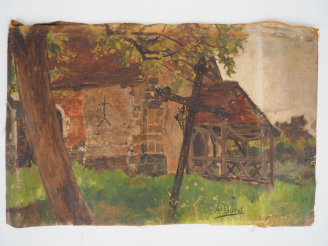 Vente aux enchères A. DURST. "Chapelle en gironde". Huile sur toile. Signée en bas à droi