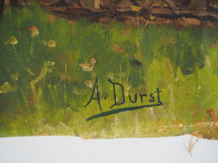 A. DURST. "Chapelle en gironde". Huile sur toile. Signée en bas à droi