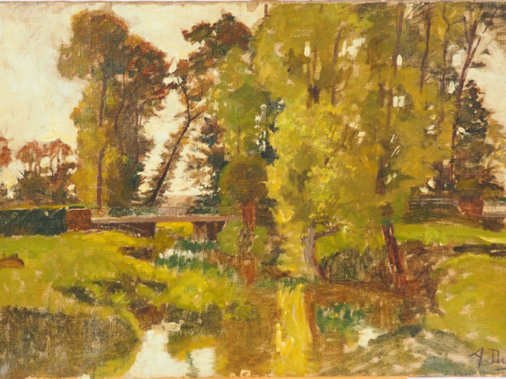 A. DURST. "Paysage au pont". Huile sur toile. Signée en bas à droite. 